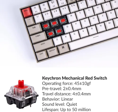 Vista 2 de Keychron K2 - Teclado mecánico con cable Bluetooth inalámbrico y USB para juegos con 75 % de diseño, interruptor rojo mecánico, compacto de 84