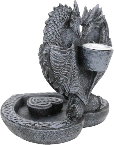 Vista 5 de Ebros Gift Guardian of Faux Stone Celtic Heart Tomb Altar Romántico Doble Dragón Cono de reflujo Incienso en cascada Humo Piscina Cascada Quemador