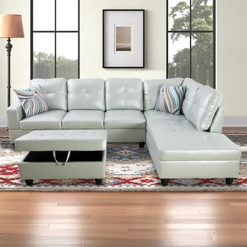 Vista 13 de Sofá modular para sala de estar, sofá seccional de cuero marrón en forma de L con diván y otomano de almacenamiento para sala de estar, B- marrón