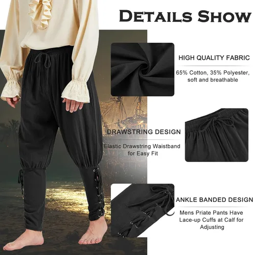 Vista 2 de Pantalones de pirata para hombre, pantalones renacentistas con bandas de tobillo, medievales, vikingos, navegantes, disfraz de pirata con cordones