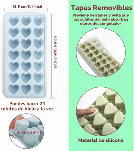Vista 2 de Bandeja de cubitos de hielo en forma de corazón, molde de silicona de 21 agujeros con tapa extraíble flexible para whisky cóctel chocolate Azul