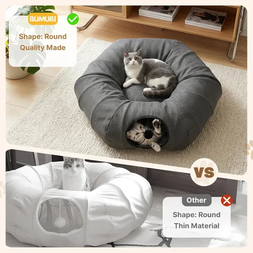 Vista 2 de Cama túnel para gatos de interior, túnel de lino natural refrescante para gatos, túnel transpirable de 29.5 pulgadas para gatos con tapete lavable