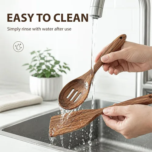 Vista 10 de KITEISCAT Cucharas de madera de acacia para cocinar: juego de utensilios de cocina y cocina de 5 piezas - espátula de madera, cuchara ranurada