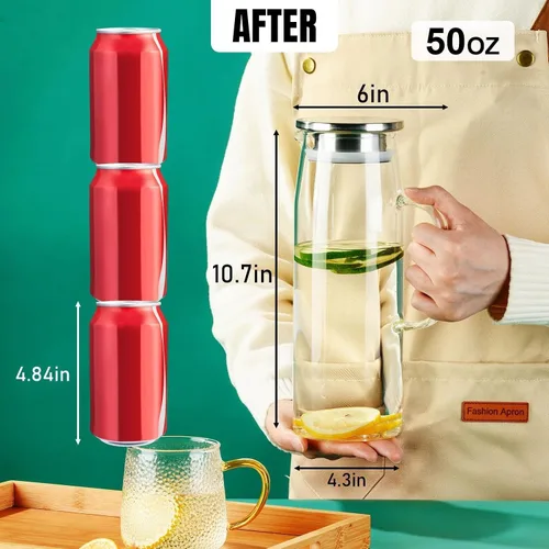 Vista 6 de PARACITY Jarra de vidrio con tapa y boquilla de 50 onzas/1.5 L, jarra de agua caliente/fría, jarra de té helado para el estante del refrigerador