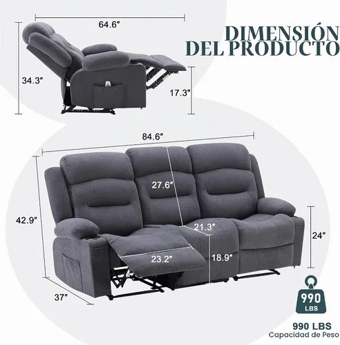 Vista 2 de Sofá reclinable extragrande con calor y masaje, sofá reclinable RV grande de 3 plazas para sala de estar, sofá reclinable de pared con portavasos