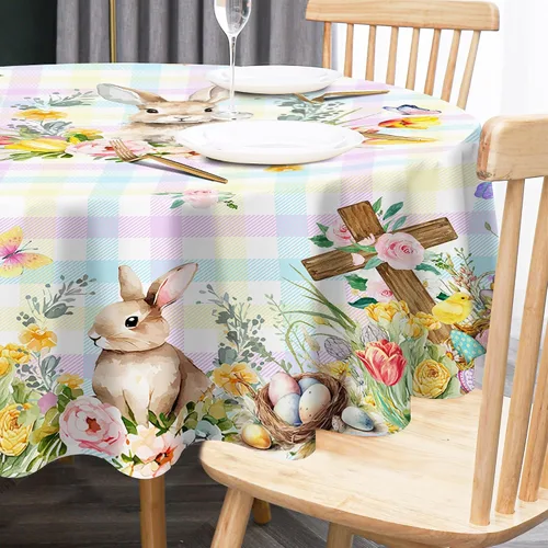 Vista 5 de Mantel Redondo de Pascua, Mantel Redondo de Mesa de Pascua de 70 Pulgadas con Conejo y Huevos, Cubierta de Mesa de Cocina a Cuadros Búfalo