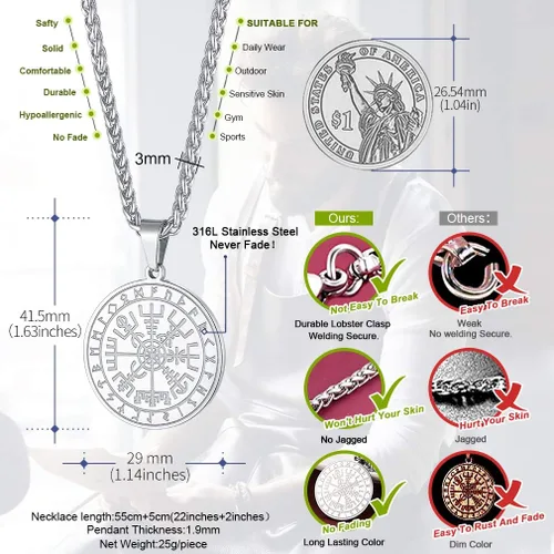 Vista 3 de FaithHeart Viking Medal Necklace for Men Sturdy Stainless Steel Pendant Necklaces Retro Norse Mythology Jewelry with Gift Box