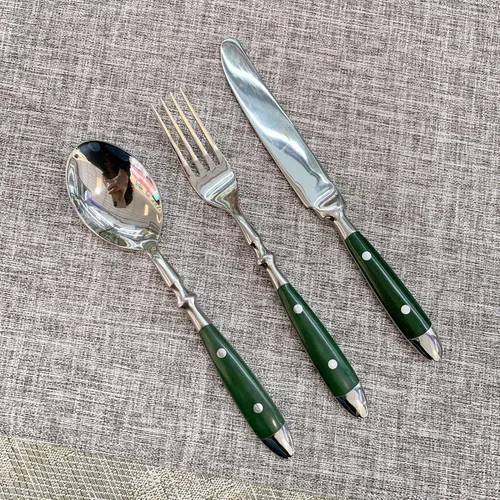 Vista 4 de IKXO - Juego de cubiertos de 20 piezas de cubiertos de mango de madera de goma verde para 4, exquisito juego de cubiertos ergonómicos de acero