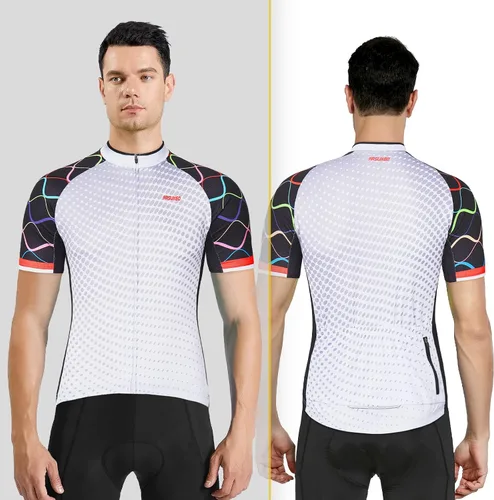 Vista 5 de ARSUXEO Camiseta de ciclismo para hombre, manga corta, camisa de bicicleta de montaña, bolsillos con cremallera superior MTB reflectante