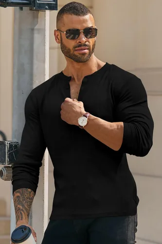 Vista 5 de Camisas Henley de manga larga con cuello en V y botones para hombre