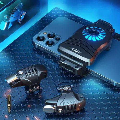 Vista 2 de Heayzoki Mobile Phone Cooler Pubg Mobile Controller Android Phone Controller Triggers Kit Quiet Cooling Pulse Automatic Four-Speed Click Phone