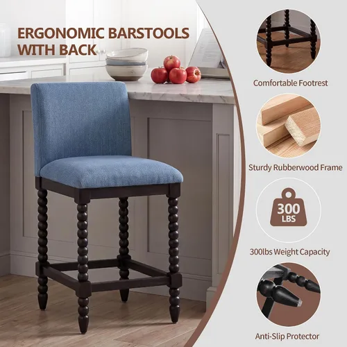 Vista 5 de DUHOME Taburete de mostrador de husillo con asiento acolchado de resorte, taburetes de bar de madera de granja de 26 pulgadas de altura de Negro/Azul