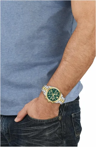 Vista 4 de Versace Greca Chrono Collection Reloj de lujo para mujer con una pulsera de oroplata con una caja de dos tonos y esfera verde, Verde, Greca Chrono