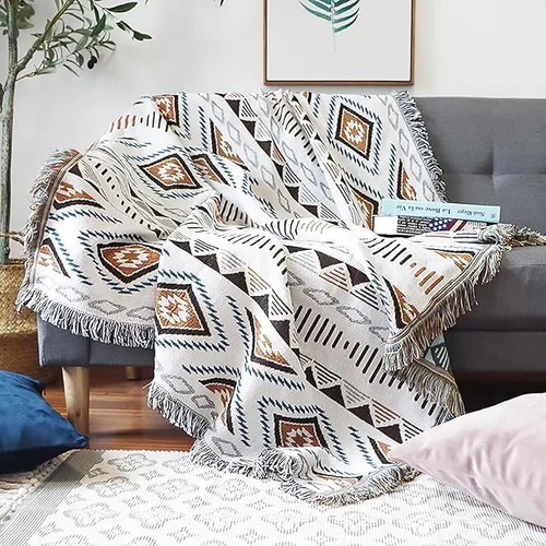 Vista 2 de Manta tejida bohemia para sofá con borlas, decoración del hogar, funda de deslizamiento, manta de camping (marrón)