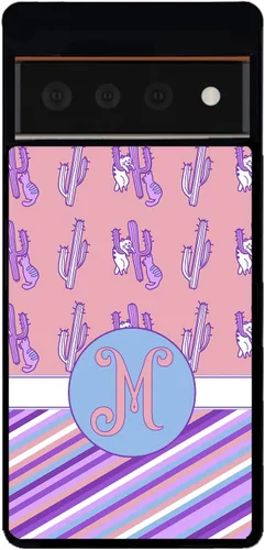 Vista 5 de Cats Cactuses Pin Stripes - Funda de goma negra con inicial personalizada compatible con Google Pixel 10, 10 Pro, 10 Pro XL, 9a, 9 Pro, Pixel 9