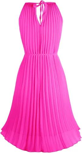 Vista 4 de Ellames - Vestido por debajo de la rodilla de verano con tirantes delgados plisado casual con vuelo y con cinturón