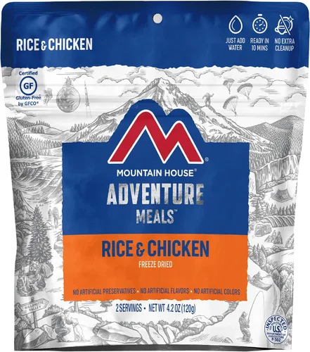 Vista 2 de Mountain House Arroz y pollo + Fettuccine Alfredo con pollo Alimentos liofilizados para mochileros y campamento 2 porciones cada uno