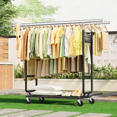 Vista 2 de Gewudraw Estante de ropa resistente con carga de 900 libras, estante comercial de doble barra con ruedas y estantes resistentes, estante colgante