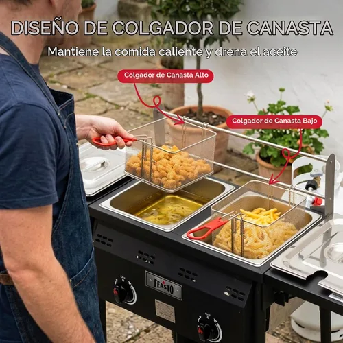 Vista 6 de Freidora profunda al aire libre de propano Feasto, tanque doble con quemadores independientes dobles de hierro fundido y termómetros, olla