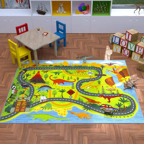 Vista 5 de KC Cubs 5x7 Alfombra de dinosaurios con coche de juguete Dino – Alfombra de juego educativa para niños, bebés, guardería, aula, sala