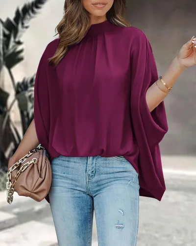 Vista 95 de BTFBM Blusas de verano para mujer, cuello alto falso, manga murciélago, holgadas, dobladillo alto y bajo, blusas informales de gran