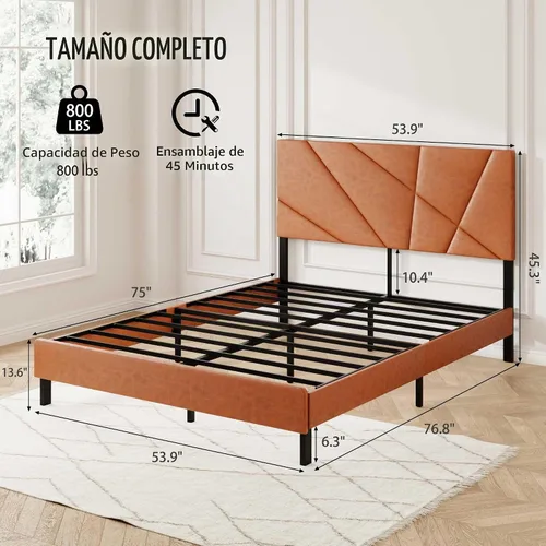 Vista 2 de Estructura de cama con plataforma tapizada de tamaño completo con cabecera acolchada de piel sintética, soporte de listones de metal resistente,