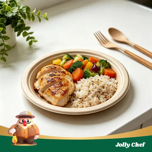 Vista 4 de JOLLY CHEF Platos compostables de alta resistencia de 10 pulgadas [Paquete de 125] Platos de papel desechables ecológicos de bagazo natural