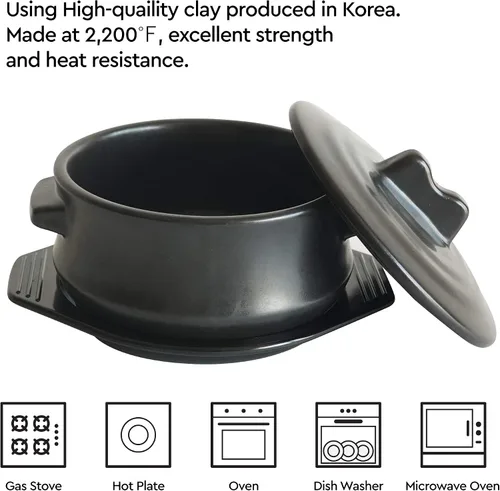 Vista 4 de Tazón de piedra coreana prémium con tapa y bandeja, olla caliente Dolsot de 37 onzas para bibimbap y sopa, utensilios de cocina de cerámica