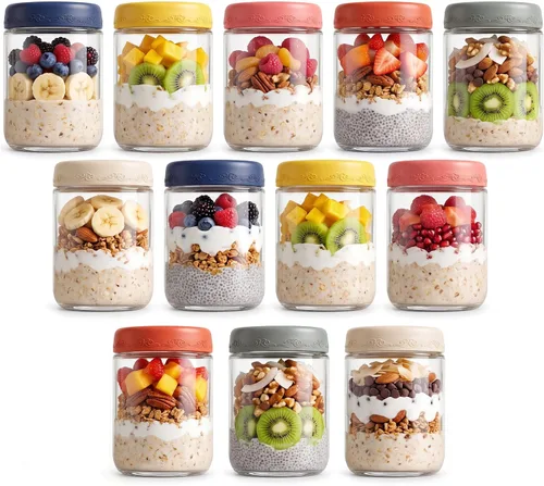 Vista 15 de Paquete de 4 de 10 OZ, Frascos para Avena Nocturna con Tapas, Recipientes de Vidrio para Preparación de Comidas, Frascos Mason Herméticos