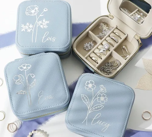 Vista 4 de Joyero de cuero personalizable con espejo, estuche de joyería de viaje, organizador de joyas de viaje, joyero para mujeres y niñas, organizador