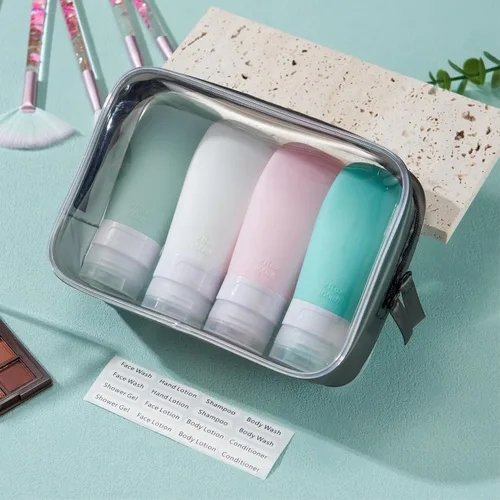 Vista 7 de INSFIT Botellas de viaje para artículos de tocador, recipientes de tamaño de viaje de 3 onzas aprobados por la TSA, sin BPA, tubos de silicona