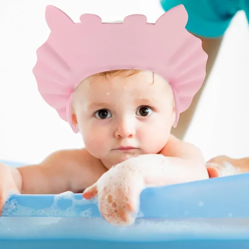 Vista 5 de Gorro de ducha para bebé para lavar el cabello, sombrero de champú hipopótamo ajustable para niños pequeños con orejeras, escudo impermeable
