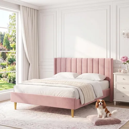 Vista 15 de Cama de plataforma tapizada de terciopelo Queen con cabecera con respaldo de alas, color crema Canal vertical acolchonado, listones de madera