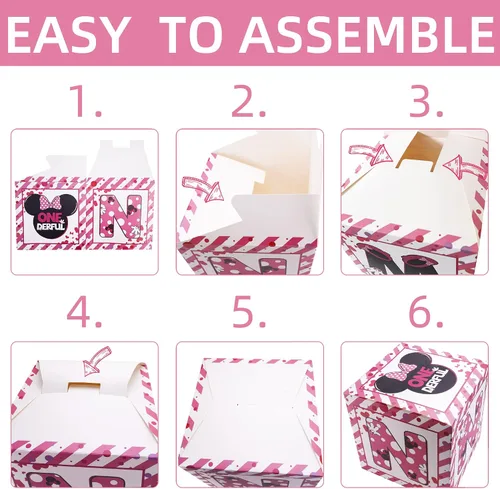 Vista 5 de Suministros de cajas de globos para fiesta de primer cumpleaños para bebé, niñas 3 piezas con temática de ratón rosa, cajas de globos de un año