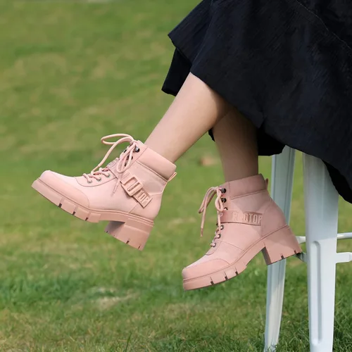 Vista 6 de REDTOP Botas de combate para mujer con suela de lengüeta gruesa, botas de tobillo con cordones y hebilla casual