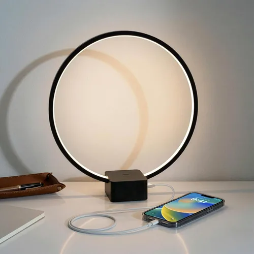 Vista 2 de Brightech Lámpara de mesita de noche LED Circle con puerto USB, lámpara compacta para dormitorio, sala de estar, moderna lámpara asiática de mesa