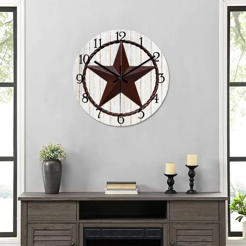 Vista 6 de Reloj de pared con diseño de país occidental de Texas, reloj de madera sin tictac, silencioso, funciona con pilas, con números grandes, reloj