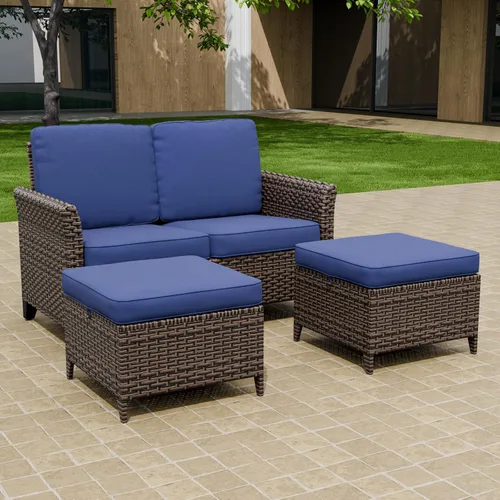 Vista 12 de Canyon Ridge - Sofá de mimbre para patio con 2 otomanas, muebles de balcón pequeños, juego de muebles de exterior, sofá de 3 asientos, marrón/beige
