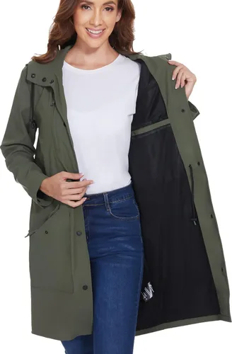 Vista 3 de Fahsyee Chubasquero para mujer, chaqueta impermeable con capucha, rompevientos para exteriores, larga actividad