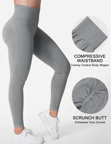Vista 3 de QOQ Leggings de entrenamiento sin costuras para mujer, con control de abdomen, levantamiento de glúteos, mallas de cintura alta, pantalones de yoga