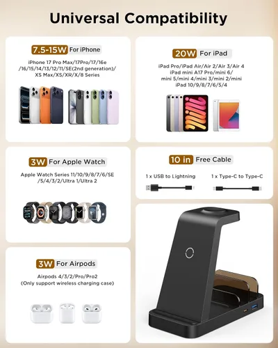 Vista 3 de Cargador inalámbrico para iPhone - Estación de carga 5 en 1 para múltiples dispositivos Apple: Soporte de carga rápida inalámbrica para iPhone 17