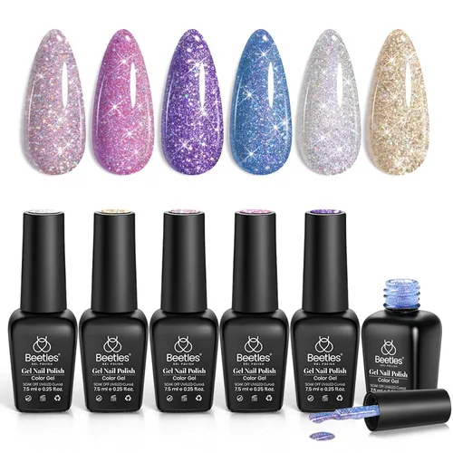 Vista 33 de Beetles - Juego de esmaltes de gel blanco y negro, 6 colores plateados, ojo de gato, purpurina brillante con imán, arte de uñas UV LED, hogar, salón