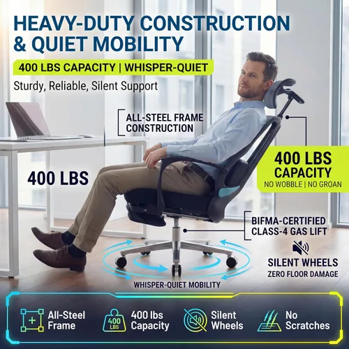 Vista 4 de Silla de oficina ergonómica con reposapiés y masajeador lumbar ajustable, respaldo alto, grande y alto, silla de escritorio con reposacabezas 5D