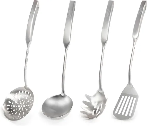 Vista 17 de Newness - Juego de utensilios de cocina de acero inoxidable 304, accesorios de cocina de metal, incluye cucharón de sopa, cuchara ranurada, cuchara