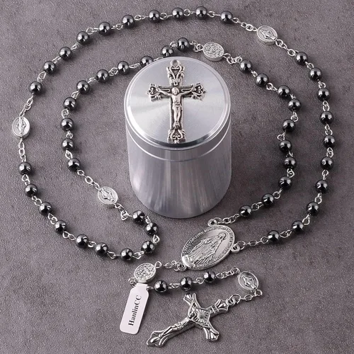 Vista 5 de HanlinCC Collar con cuentas de piedra negra de hematita de 0.236in con rosario milagroso con caja de regalo de metal de cruz para hombres y mujeres