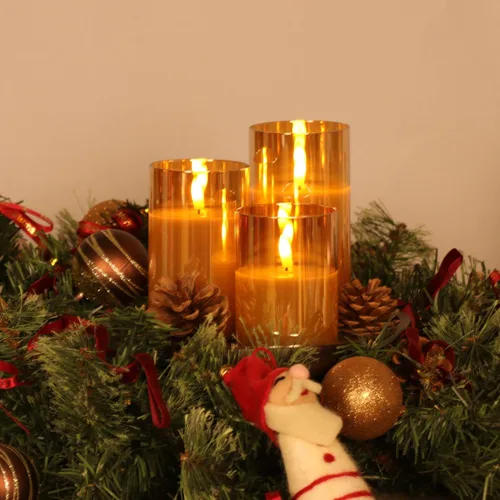 Vista 6 de Juego de 3 velas de cristal dorado sin llama con control remoto y temporizador, velas LED de cera real controladas con llama 3D parpadeante, D 3