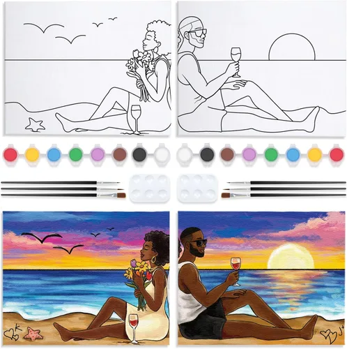 Vista 13 de Nuberlic Paquete de 2 Lienzos Predibujados de 8x10 pulgadas para Pintar para Adultos Kit de Pintar y Beber para Noche de Cita de Parejas Adultas