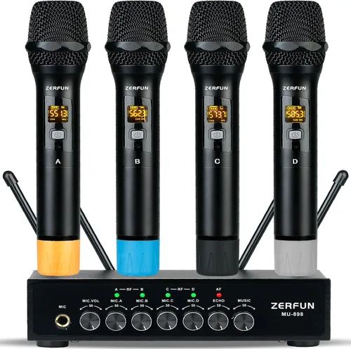 Vista 11 de Sistema de micrófono inalámbrico profesional de 4 canales, auriculares de mano inalámbricos de metal UHF, micrófonos de solapa para cantar karaoke