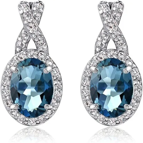 Vista 2 de Aretes ovalados de plata de ley auténtica, creados o simulados, topacio blanco y gota en X para mujer