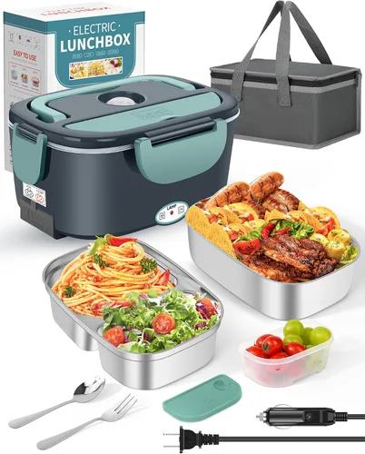 Vista 12 de Eocolz Fiambrera eléctrica calentador de alimentos de 80-100 W, calentador de alimentos con doble contenedor, 1.5L, lonchera portátil calentada